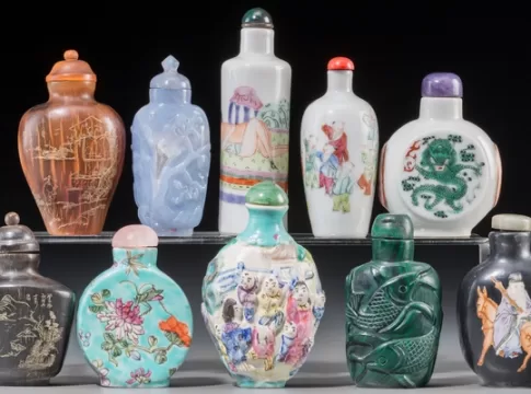 Ten Chinese Porcelain, Hardstone, and Mixed Media Snuff Bottles, late Qing Dynasty-Republic Period