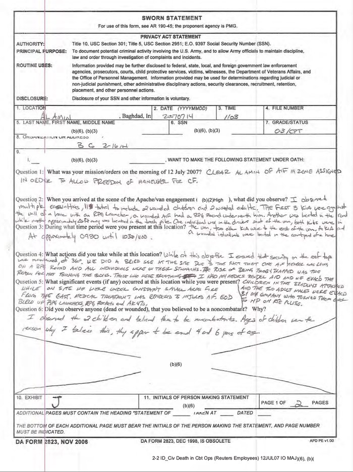 Exhibit J – Sworn Statement of CPT , Company Commander, B/2-16 IN).