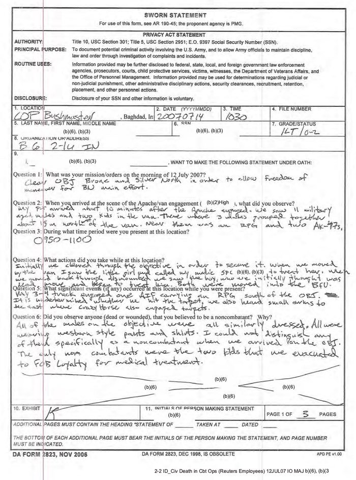 Exhibit K – Sworn Statement of 1LT Platoon Leader, B/2-16 IN).