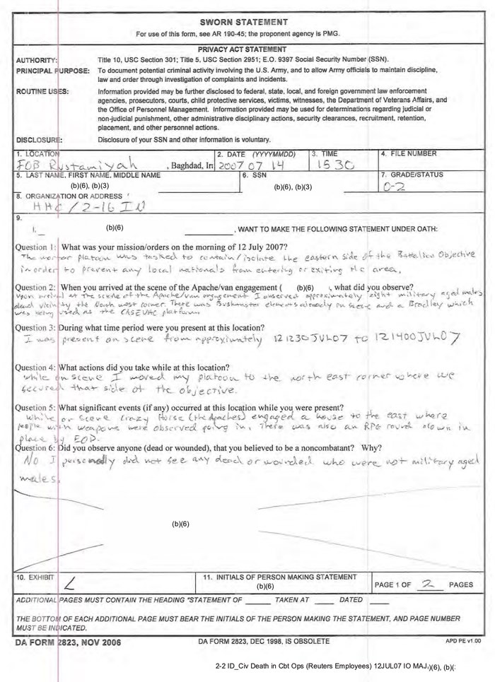 Exhibit L – Sworn Statement of 1LT Mortar Platoon Leader, 2-16 IN).