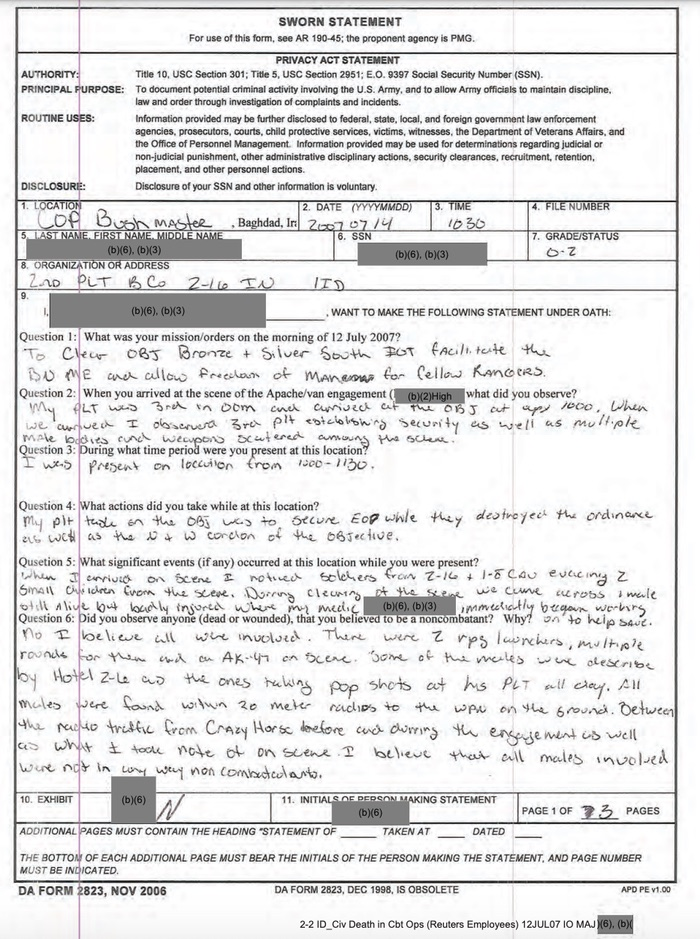 Exhibit N – Sworn Statement of 1LT Platoon Leader, B/2-16 IN).