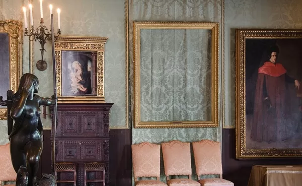 Picture provided by the FBI showing the empty frames for missing paintings after the theft at the Isabella Stewart Gardner Museum