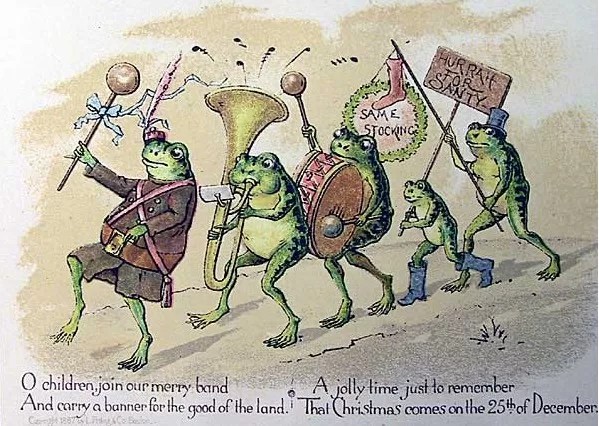 Christmas card by Louis Prang, showing a group of anthropmorphized frogs parading with banner and band.