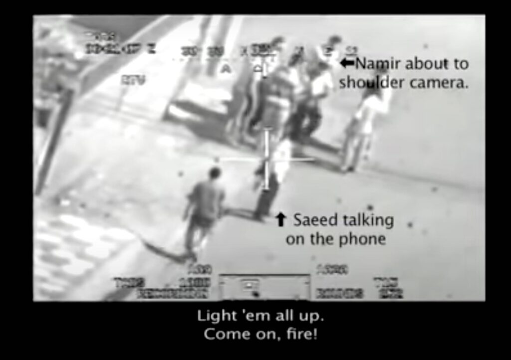 Screen shot from Collateral Murder video showing Reuters journalist Namir Noor-Eldeen, driver Saeed Chmagh, and several others moments before they were killed.
