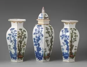 Garniture of three Bristol porcelain vases, c. 1773, painted by Michel Socquet.
