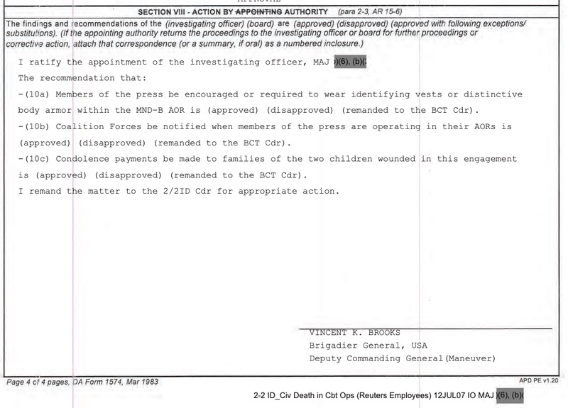 General Vincent K. Brooks signed off on the orders for the investigators on 13 July, the day after the deaths.