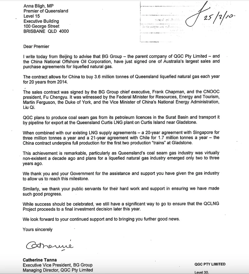 2010 Letter to Anna Bligh from Catherine Tanna, BG Group