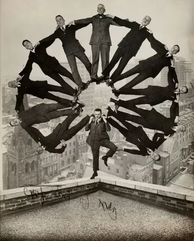 Man on Rooftop with Eleven Men in Formation on His Shoulders (Unidentified American artist, ca. 1930)