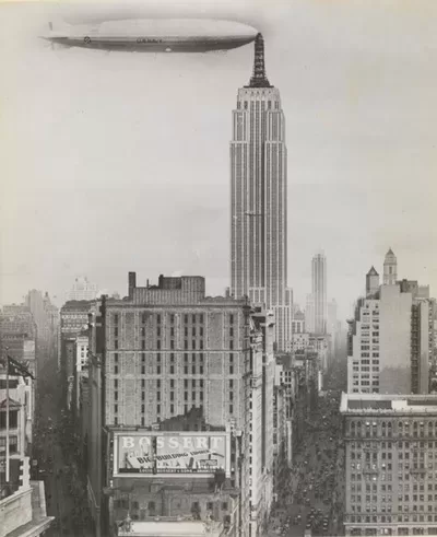 Dirigible Docked on Empire State Building, New York. (Unidentified American artist, 1930)