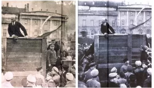 Outside the Bolshoi Theater in May, 1920. On the steps to the right we can see Trotsky, with Kamenev partly obscured behind him.