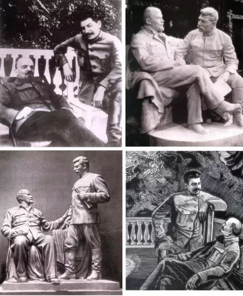 From the mid-1930's the Stalinist propaganda machine churned out thousands of sculptures, paintings, and drawings to exaggerate the closeness of his relationship with Lenin.