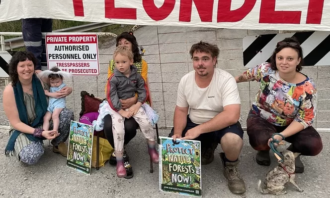 Knitting Nanna, Sharyn O'Dell and her family blocking access to a saw mill 