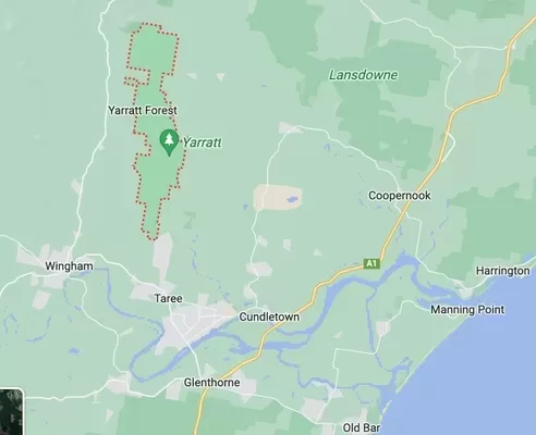 Yarratt Forest map - near Wingham, Taree , Manning Point and Old Bar on NSW's mid-north coast