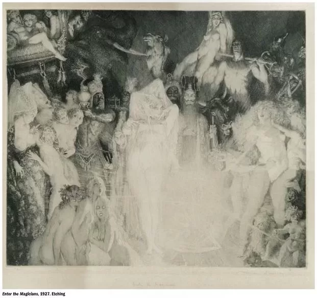 Norman Lindsay’s etching Enter the Magicians, 1927