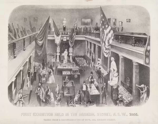 First exhibition held in the Museum, Sydney, NSW, 1855. Lithograph by F. C. Terry and John Degotardi after an 1854 daguerreotype by James Gow. Courtesy National Gallery of Australia, Canberra