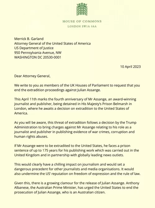 UK Parliamentarians open letter to USA to drop the charges against Julian Assange