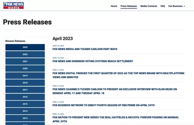 Fox News press releases - the Fall of Tucker Carlson