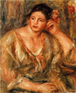 Renoir, a master Impressionist, painted Madeleine Leaning on Her Elbow with Flowers in Her Hair