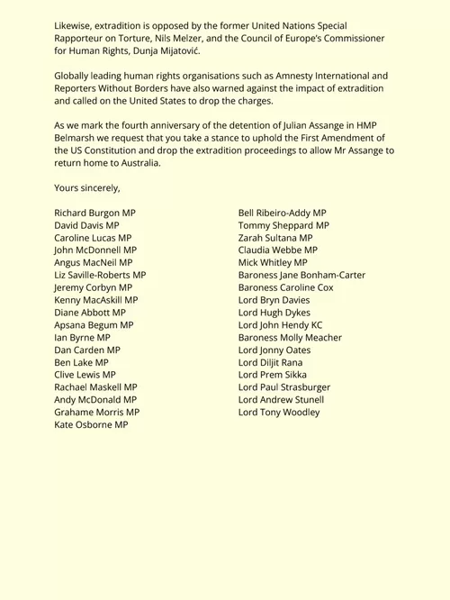 UK Parliamentarians open letter to USA to drop the charges against Julian Assange