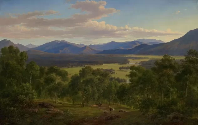 The park-like landscape early colonists saw was a cultural landscape created by First Nations. This 1866 Eugene von Guerard painting is Spring in the valley of the Mitta Mitta with the Bogong Ranges. National Gallery of Victoria, Melbourne, CC BY-NC