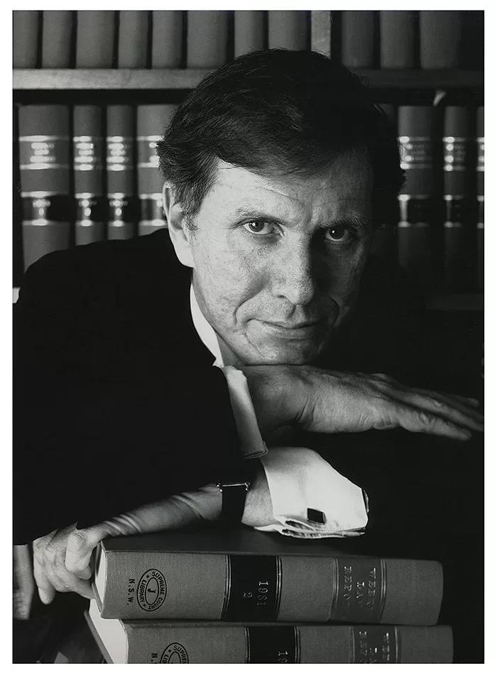 Justice Michael Kirby in his Sydney chambers. Good Weekend magazine for series of portraits of prominent Australians.1988. T_Max 400, Toyoview Studio monorail, camera Nikkor 150mm lens. Rob Walls photo