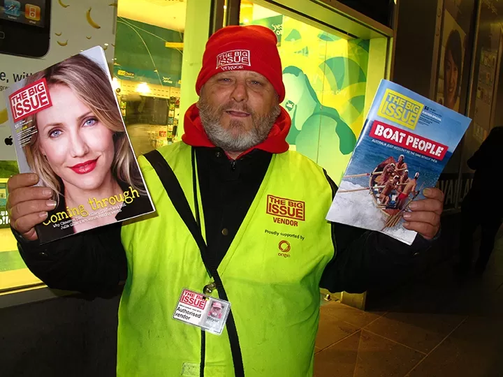 This Working Life project: Big Issue vendor, Wayne Mc Paul, Melbourne Central 2010, Canon G10 Powershot, by Rob Walls