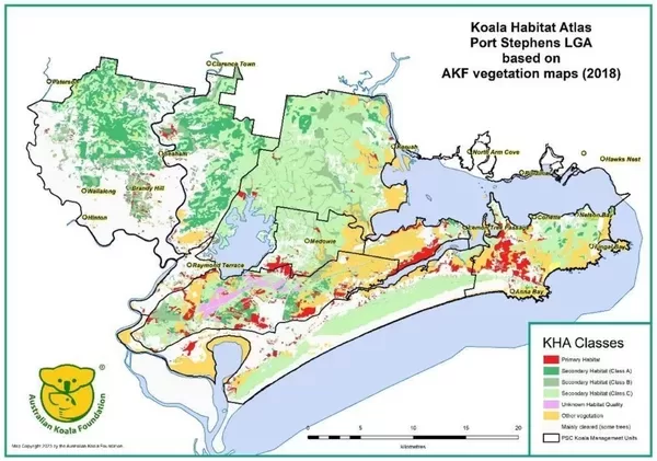 Port Stephens LGA Koala Habitat Atlas based on AKF vegetation mapping. Large areas of Primary Habitat are shown in the southern half of the map. 