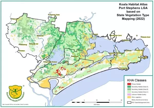 Figure 2: Port Stephens LGA Koala Habitat Atlas based on SVTM vegetation mapping. This map shows 80% less Primary Habitat than the AKF map.