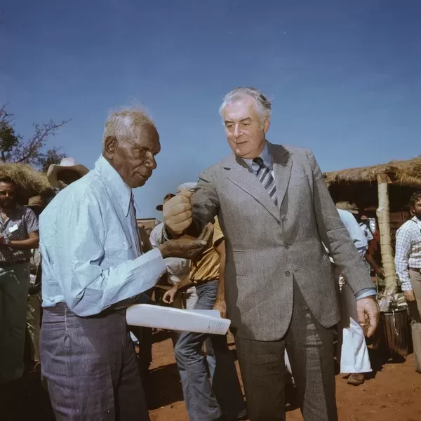Mervyn Bishop, Prime Minister Gough Whitlam pours soil into hand of Traditional Land Owner (Gurindji) Vincent Lingiari, Northern Territory (Wattie Creek) 1975; printed 1990 