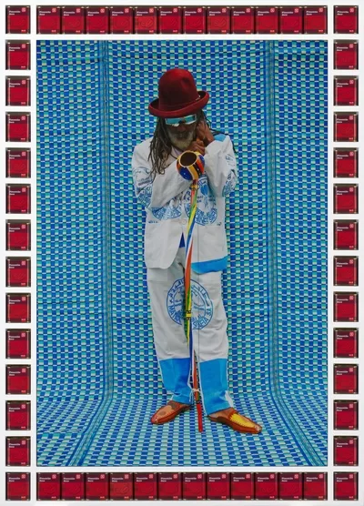 Hassan Hajjaj Master Cobra Mansa 2013 metallic inkjet print, timber frame, cans 76.2 x 111.8 cm (image); 95.0 x 135.0 x 7.0 cm (framed) National Gallery of Victoria, Melbourne Orloff Family Charitable Trust, 2019 © Hassan Hajjaj Photo: Predrag Cancar / NGV