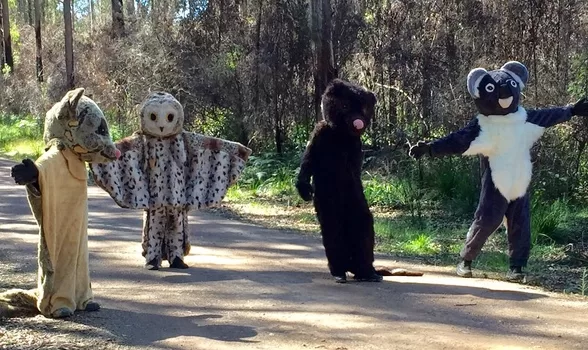 Protesters dressed as Koala, Greater Glider, Masked Owl, Yellow-bellied Glider and Tiger Quoll