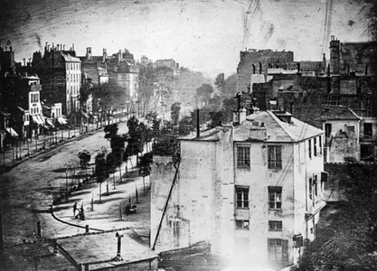 Daguerre's daguerreotype of the first human to appear in a photo