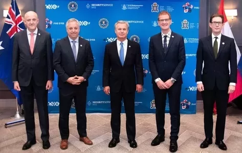 Five Eyes chiefs: Mike Burgess ASIO, CSIS David Vigneault CSIS, Christopher Wray FBI, Andrew Hampton NZSIS, and Ken McCallum MI5 during the Emerging Technology and Securing Innovation Summit in Palo Alto, California, on October 16, 2023