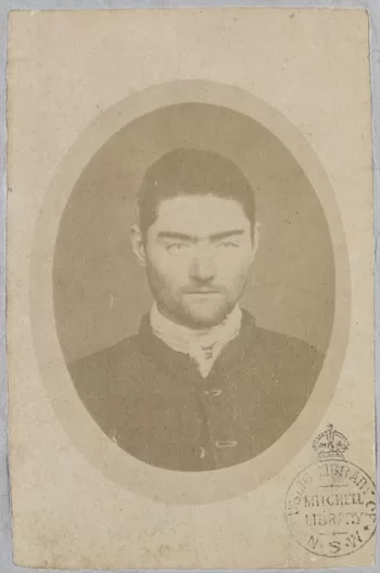 Ned Kelly, 1874 attributed to Charles Nettleton albumen print. This photograph was taken by prison authorities at the end of bushranger Ned Kelly’s second jail sentence in 1874. State Library NSW