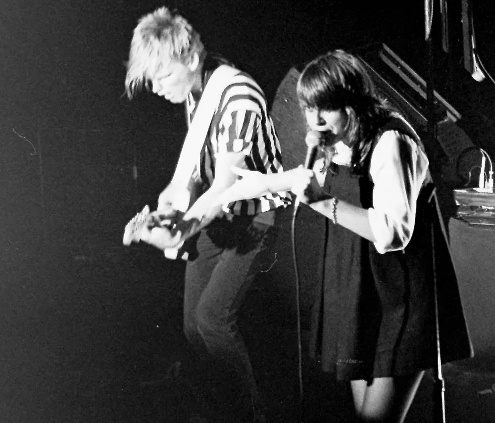 Chrissie Amphlett, jumps during a performance by Divinyls at Selinas, Coogee Bay © 1983 Mark Anning photo