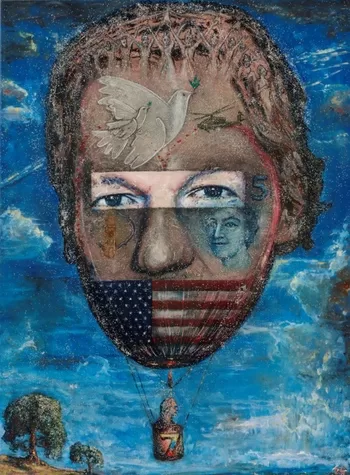 Shaun Gladwell A spangled symbolist portrait of Julian Assange floating in reflection