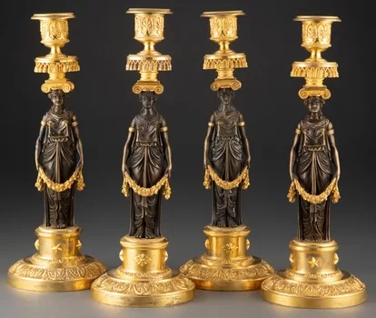 French Directoire Patinated and Gilt Bronze Candlesticks