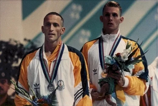 Andrew Baildon, right, with his Gold Medal for the Men's 50m Freestyle. Angus Waddell, Australia, left, claimed the Silver.