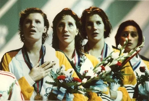 Auckland Jan 25 1990 4 x 200m Freestyle From left Julie McDonald Janelle Elford Jennifer McMahon and Hayley Lewis standing proud after winning the Womens 4 x 200m Freestyle final