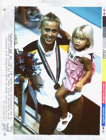 Lisa Curry-Kenny and her daughter after winning Gold at Auckland