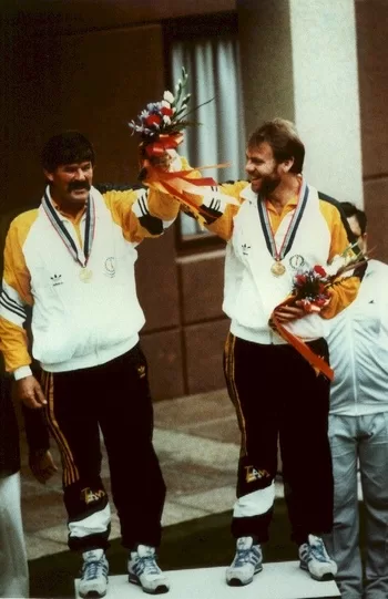 Gold Medallists in the Pairs 25m Centre Fire Pistol Standing, left, Phillip Adams and Bruce Quick